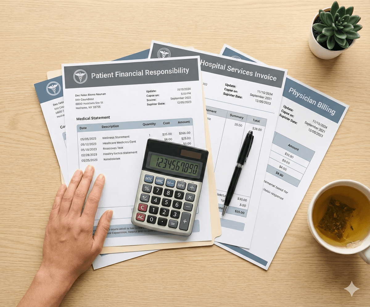 Medical bills and invoices spread on a desk